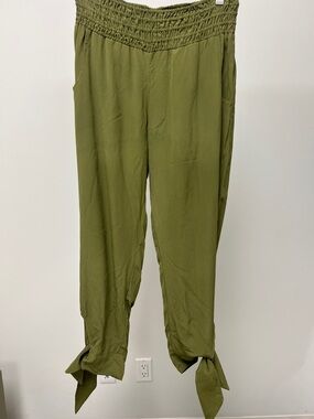 Little Joe Olive Silk Tie-Hem Smocked Waist Trousers